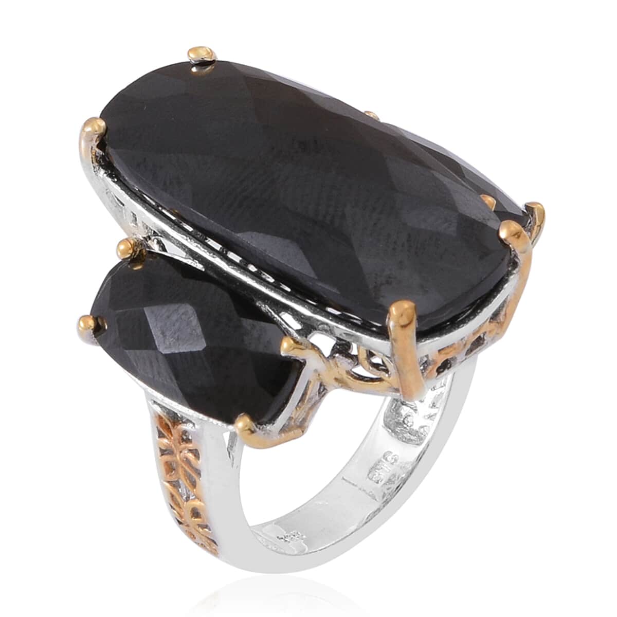 Thai Black Spinel 14K YG and Platinum Over Sterling Silver Statement Ring (Size 9.0) TGW 32.00 cts. image number 1