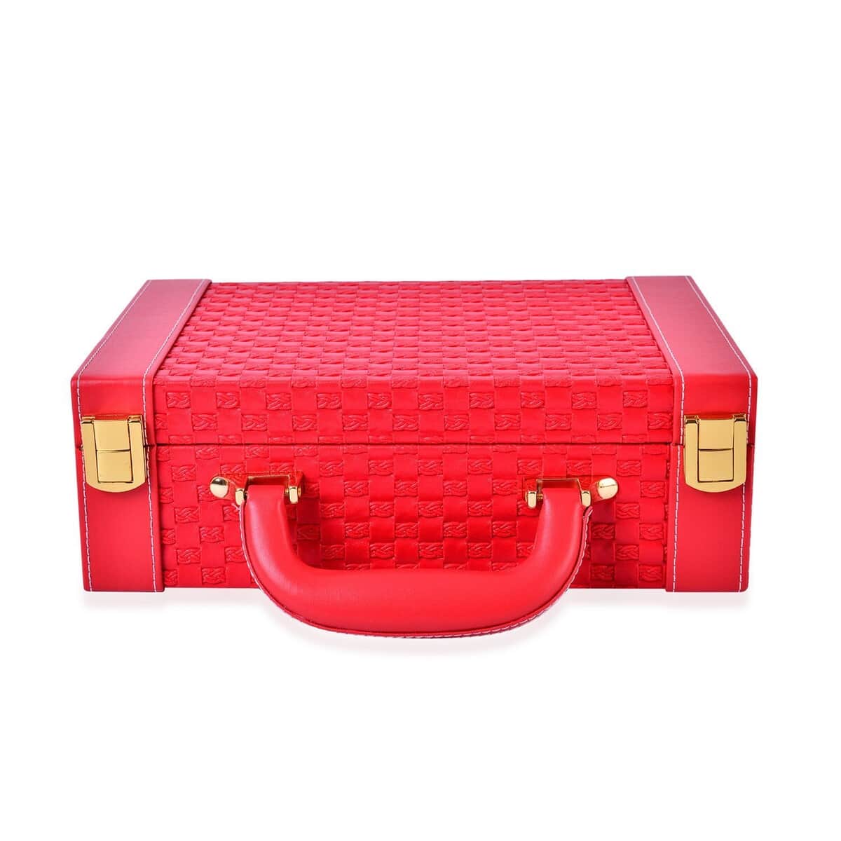 Red Faux Leather Woven Texture 2 Layer Briefcase Jewelry Box image number 1