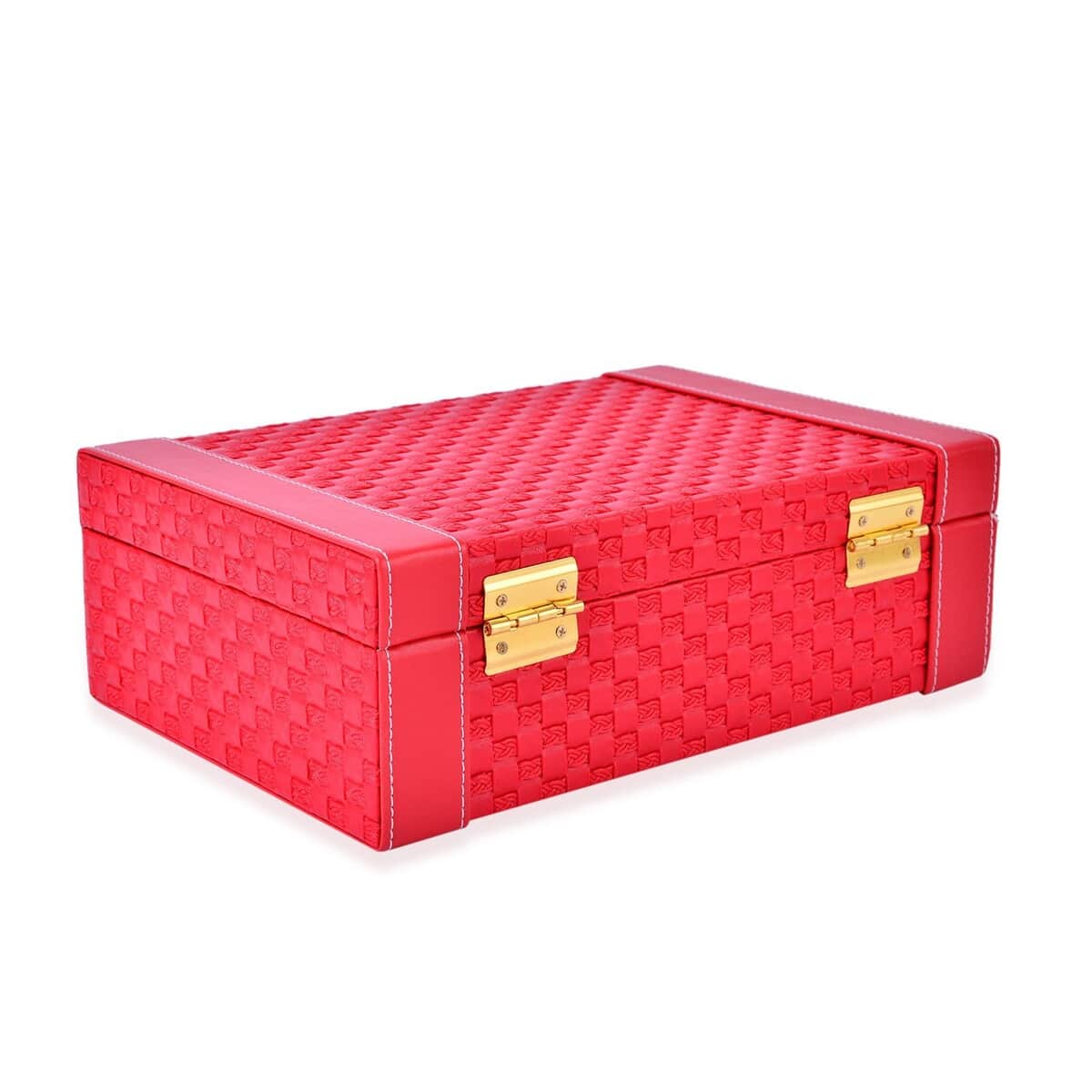 Red Faux Leather Woven Texture 2 Layer Briefcase Jewelry Box image number 3