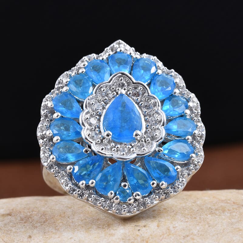 Malgache Neon Apatite and Cambodian Zircon Ring in Platinum Over Sterling Silver (Size 7.0) 4.00 ctw