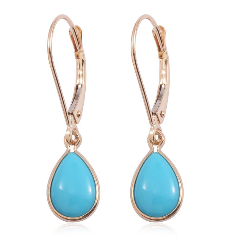 14K Yellow Gold Arizona Sleeping Beauty Turquoise Lever Back Dangle Earrings 1.80 ctw