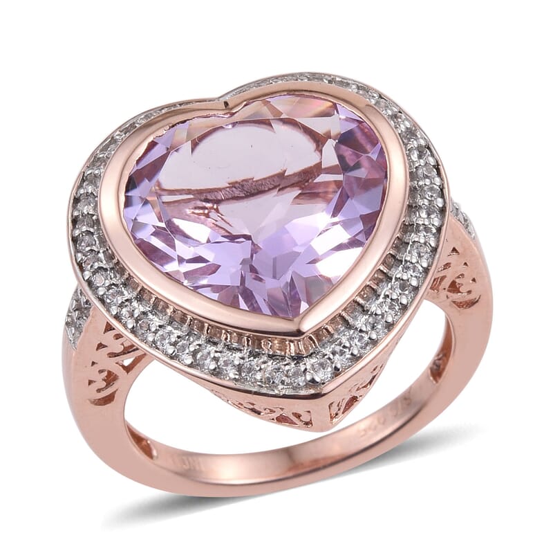 Rose De France Amethyst, Zircon Ring in 14K RG Over Sterling Silver (Size 10.0) 7.36 ctw