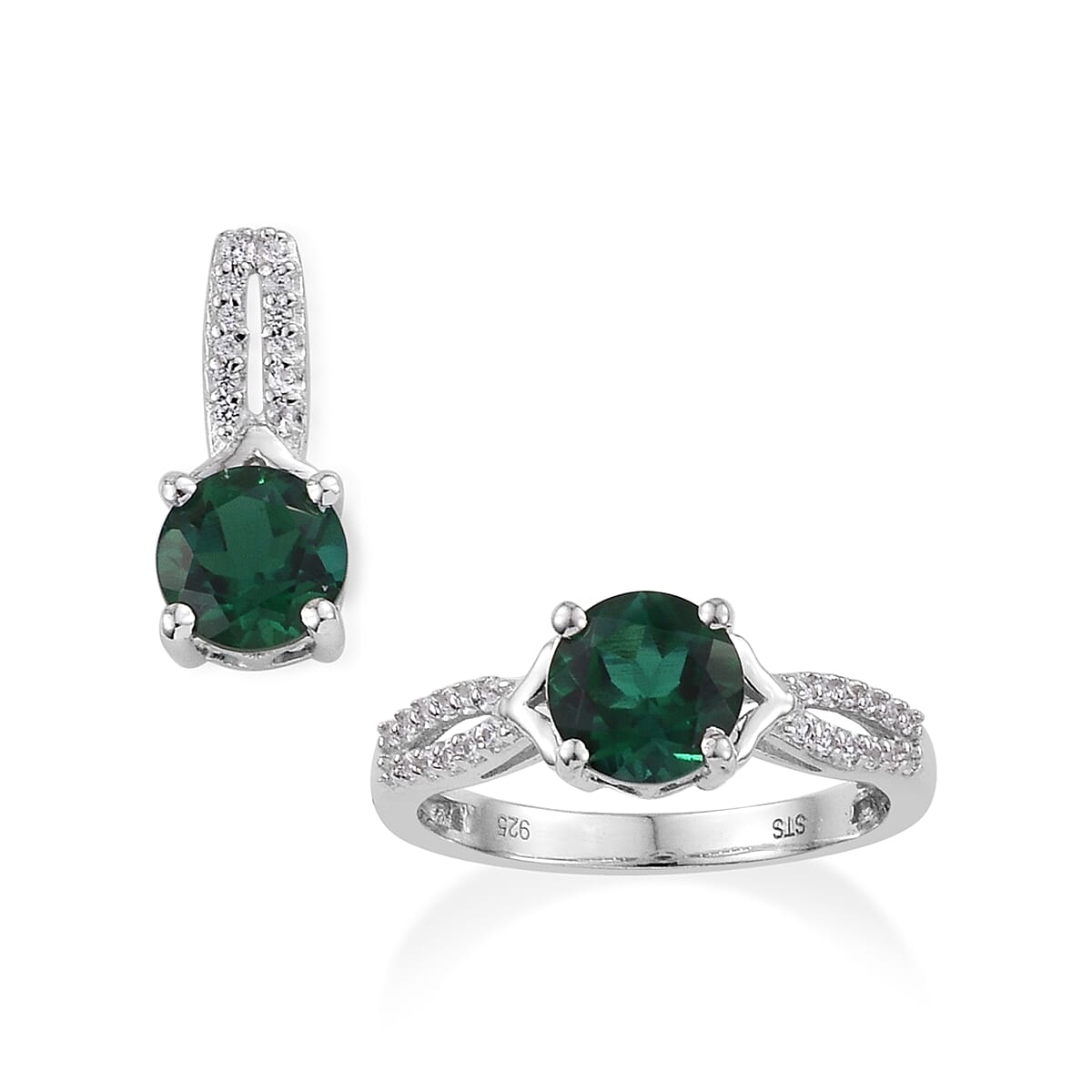 Lab Created Emerald and Lab Created White Sapphire Pendant and Ring Size 7 in Sterling Silver image number 0