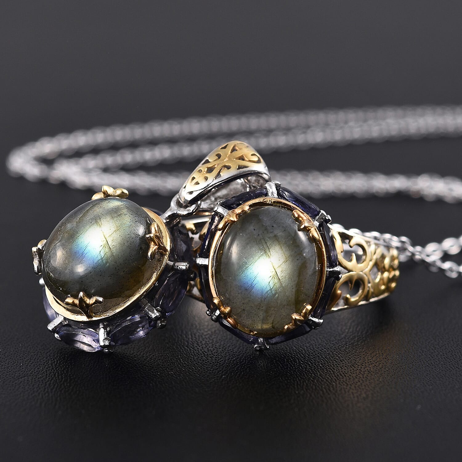 STS Closeout Malagasy Labradorite and Iolite Openwork Ring Size 7 and Pendant Necklace 20 Inches in 14K YG and Platinum Over Sterling Silver 16.44 ctw
