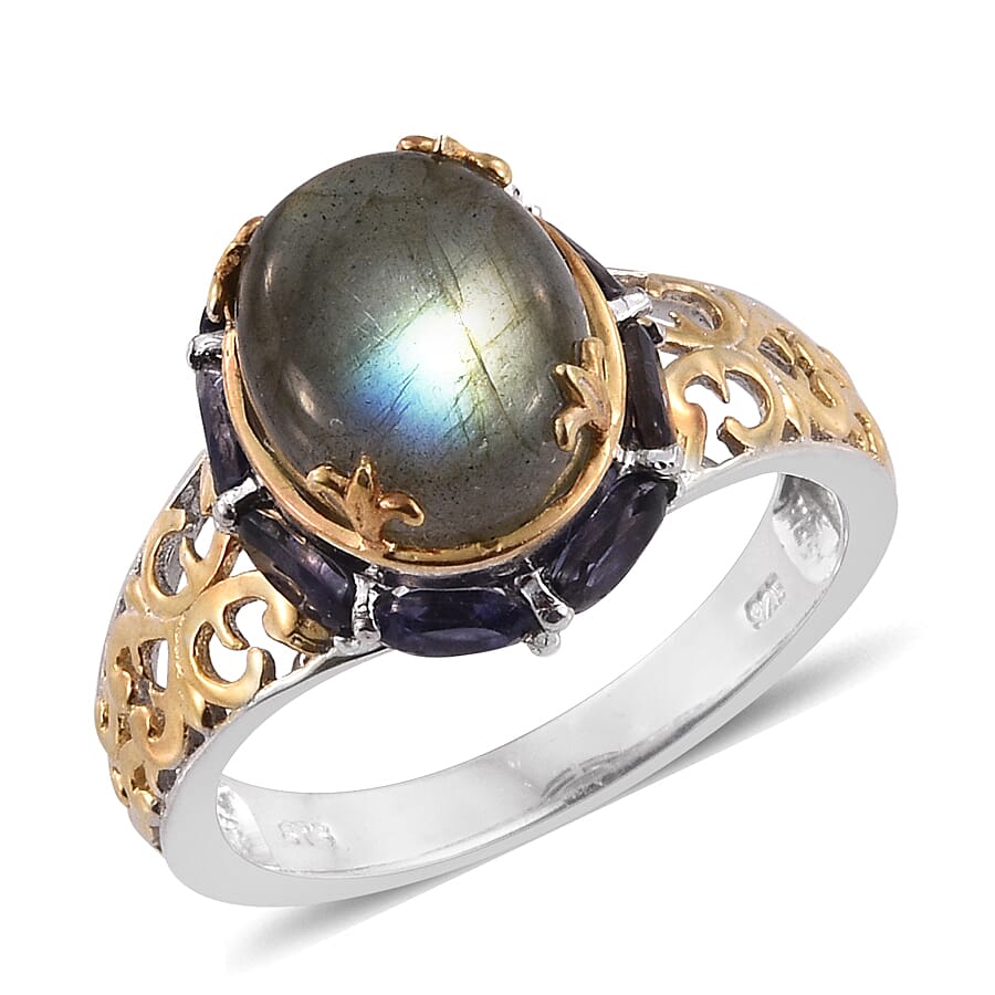 STS Closeout Malagasy Labradorite and Iolite Openwork Ring Size 7 and Pendant Necklace 20 Inches in 14K YG and Platinum Over Sterling Silver 16.44 ctw
