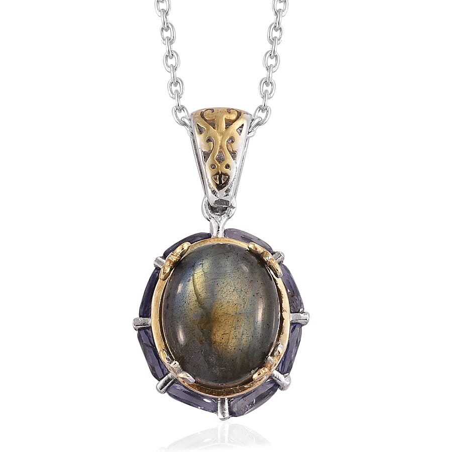 STS Closeout Malagasy Labradorite and Iolite Openwork Ring Size 7 and Pendant Necklace 20 Inches in 14K YG and Platinum Over Sterling Silver 16.44 ctw