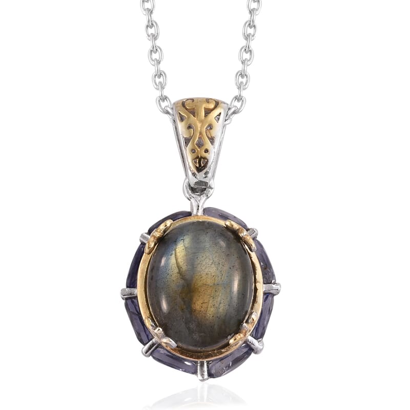 STS Closeout Malagasy Labradorite and Iolite Openwork Ring Size 7 and Pendant Necklace 20 Inches in 14K YG and Platinum Over Sterling Silver 16.44 ctw