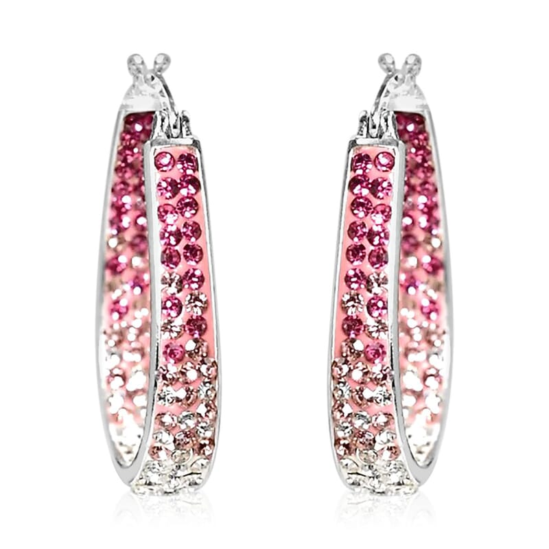 Austrian White Crystal Pink Crystal Earrings in Silvertone, Inside Out Hoops For Women
