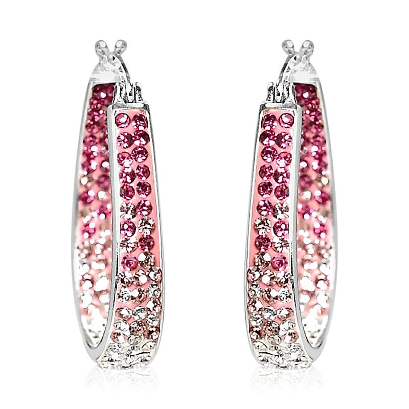 Austrian White Crystal Pink Crystal Earrings in Silvertone, Inside Out Hoops For Women