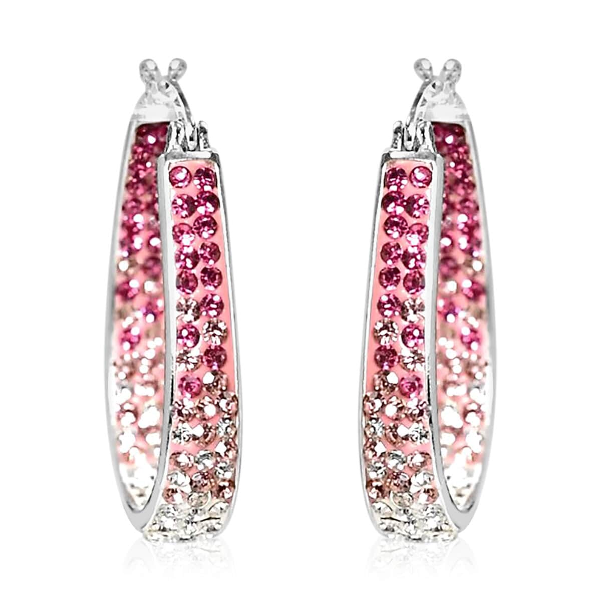 Austrian White Crystal Pink Crystal Earrings in Silvertone, Inside Out Hoops For Women image number 0