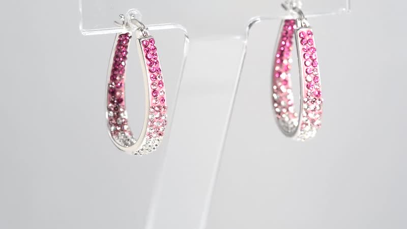 Pink and White Austrian Crystal Hoop Earrings in Silvertone