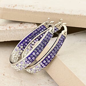 Austrian White Crystal Purple Crystal Earrings in Silvertone, Inside Out Hoops For Women
