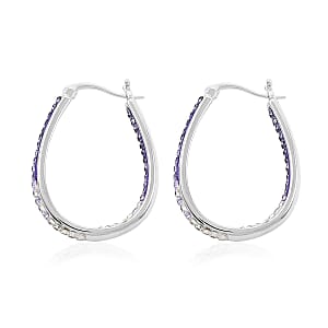 Austrian White Crystal Purple Crystal Earrings in Silvertone, Inside Out Hoops For Women