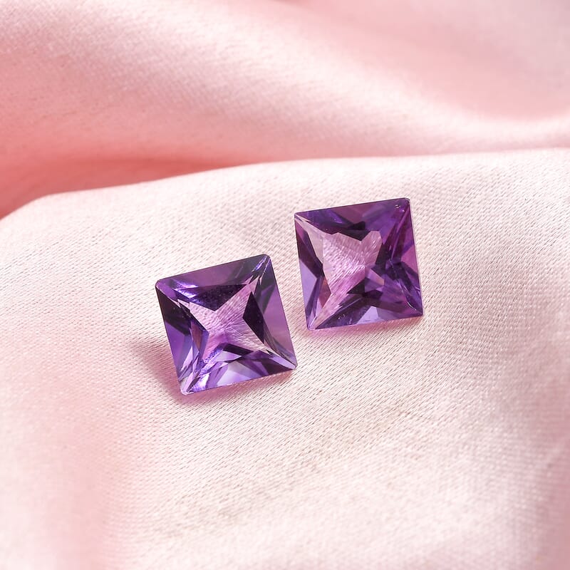 Princess Cut Rose De France Amethyst Set of 2 (Sqr 8 mm) 3.97 ctw Loose Gemstone