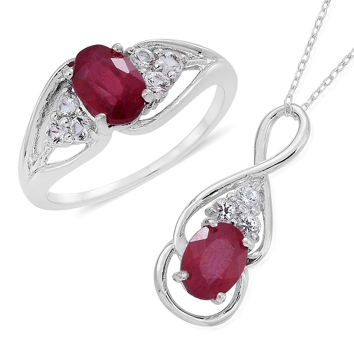 Niassa Ruby, White Topaz Sterling Silver Ring (Size 9) and Pendant With Chain (18 in) 2.45 ctw