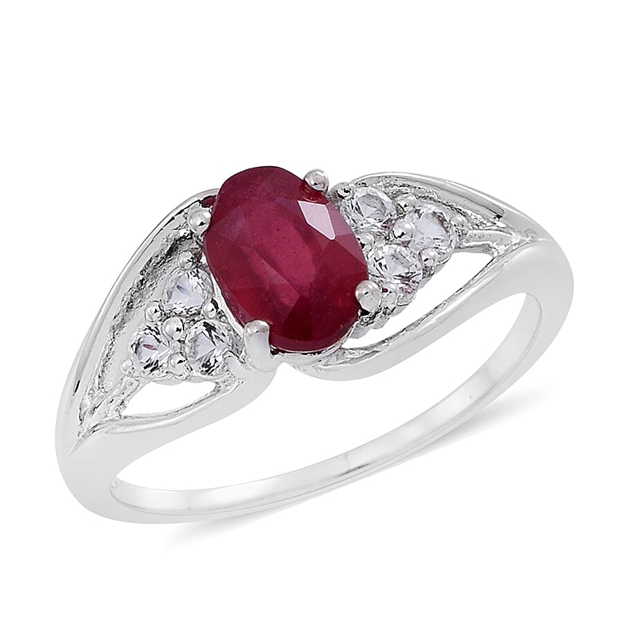 Niassa Ruby, White Topaz Sterling Silver Ring (Size 9) and Pendant With Chain (18 in) 2.45 ctw