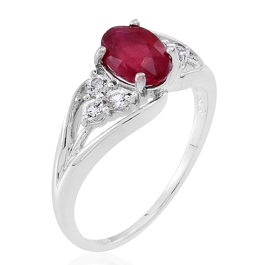 Niassa Ruby, White Topaz Sterling Silver Ring (Size 9) and Pendant With Chain (18 in) 2.45 ctw