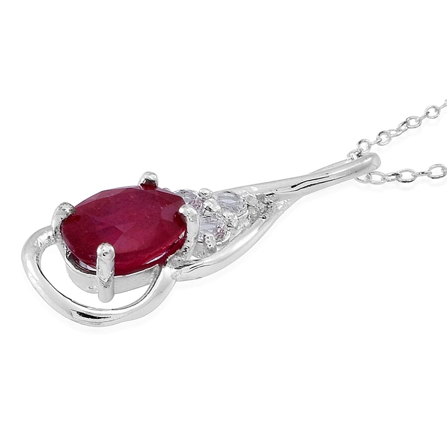 Niassa Ruby, White Topaz Sterling Silver Ring (Size 9) and Pendant With Chain (18 in) 2.45 ctw