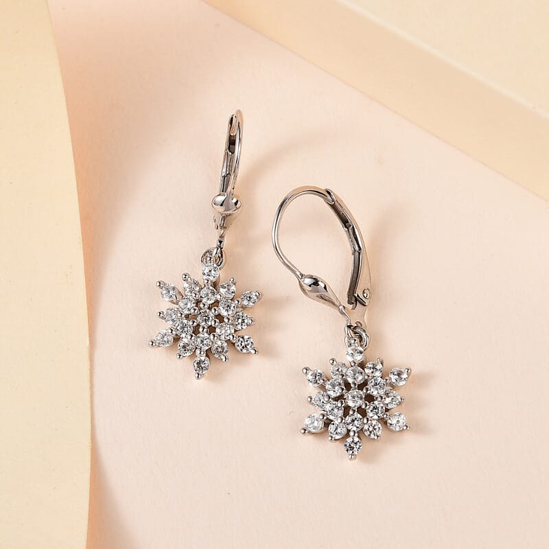 D'Joy Zircon Snowflake Earrings in Platinum Over Sterling Silver 1.15 ctw
