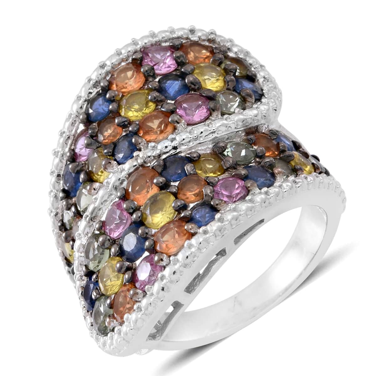 Multi Sapphire Sterling Silver Cluster Bypass Ring (Size 6.0) TGW 6.00 cts. image number 0