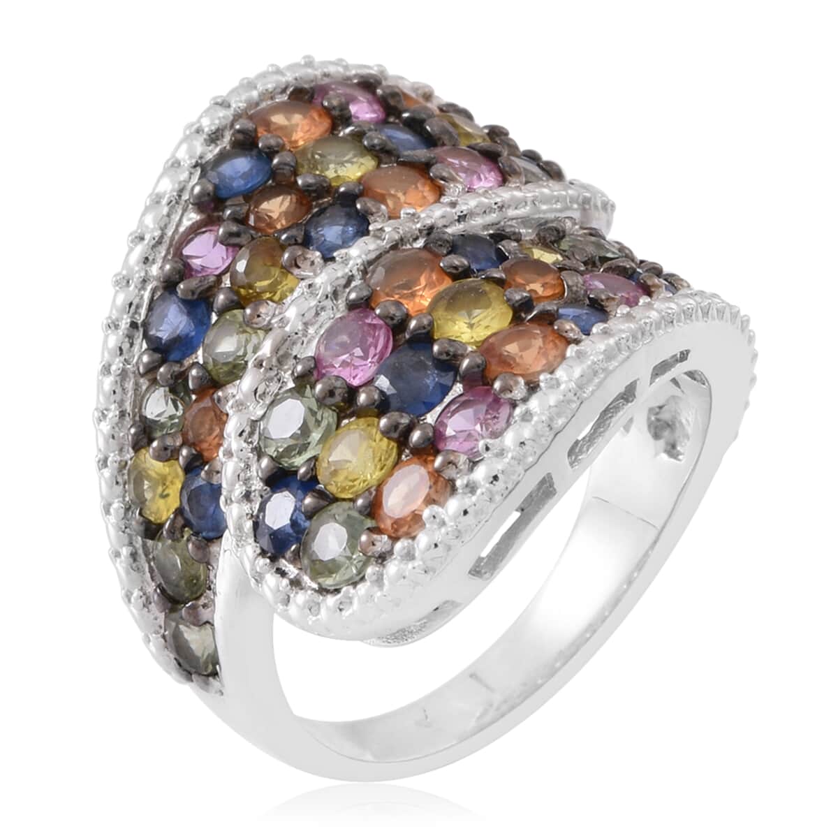 Multi Sapphire Sterling Silver Cluster Bypass Ring (Size 6.0) TGW 6.00 cts. image number 1