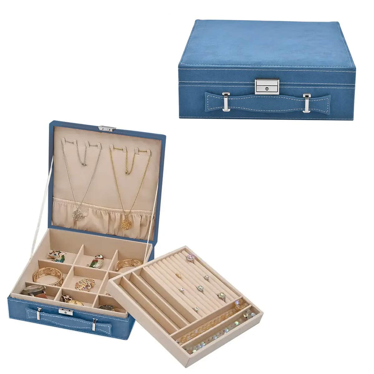 Classic Blue Faux Velvet Briefcase Style 2-tier Jewelry Box, Scratch resistant and Anti-Tarnish Jewelry Storage Box, Anti Tarnish Jewelry Case, Jewelry Organizer (Approx 60 Rings, etc.) image number 0