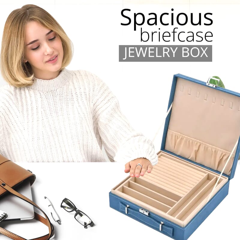 Livmore Classic Blue Faux Velvet Briefcase Style 2-tier Jewelry Box, Scratch resistant and Anti-Tarnish Jewelry Storage Box, Anti Tarnish Jewelry Case, Jewelry Organizer (Approx 60 Rings, etc.)