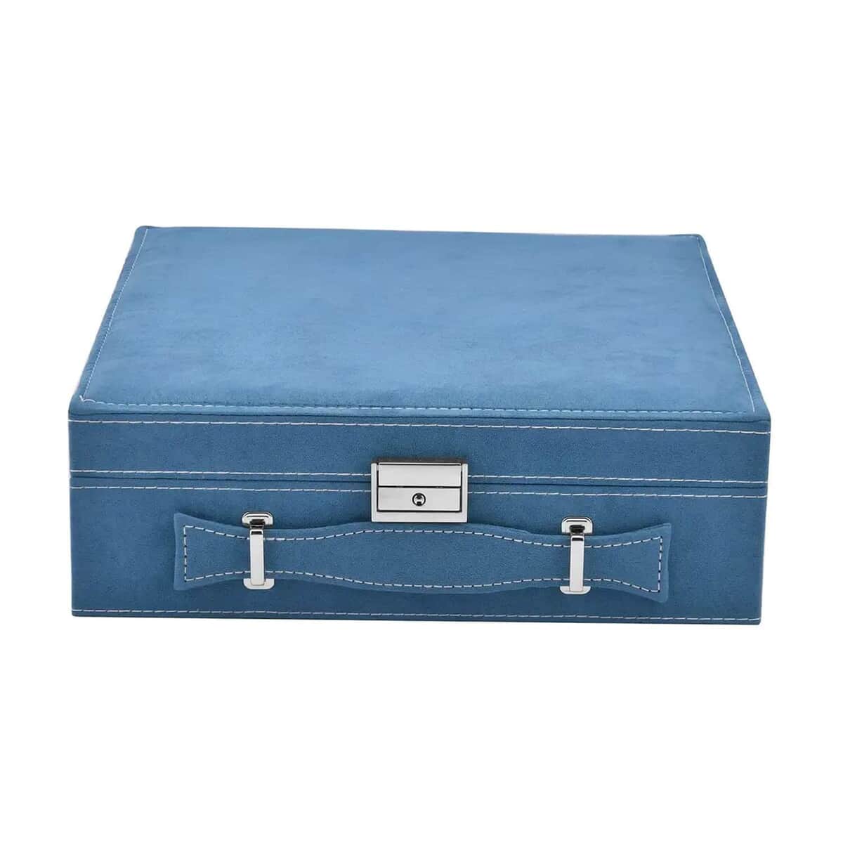 Classic Blue Faux Velvet Briefcase Style 2-tier Jewelry Box, Scratch resistant and Anti-Tarnish Jewelry Storage Box, Anti Tarnish Jewelry Case, Jewelry Organizer (Approx 60 Rings, etc.) image number 4