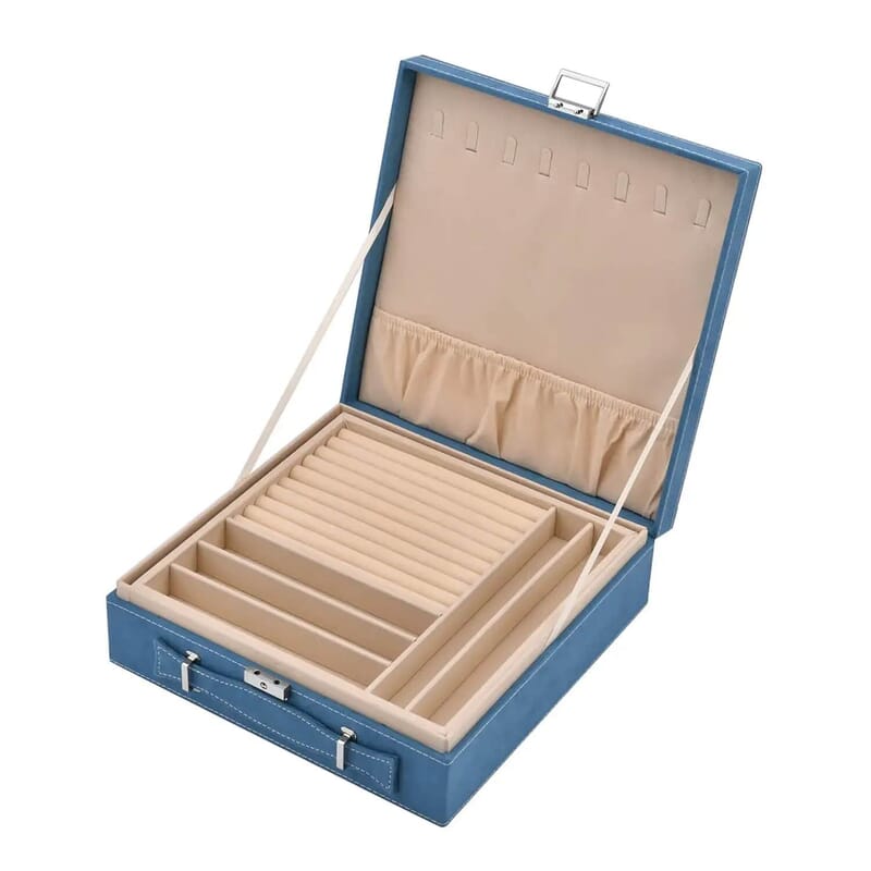 Livmore Classic Blue Faux Velvet Briefcase Style 2-tier Jewelry Box, Scratch resistant and Anti-Tarnish Jewelry Storage Box, Anti Tarnish Jewelry Case, Jewelry Organizer (Approx 60 Rings, etc.)