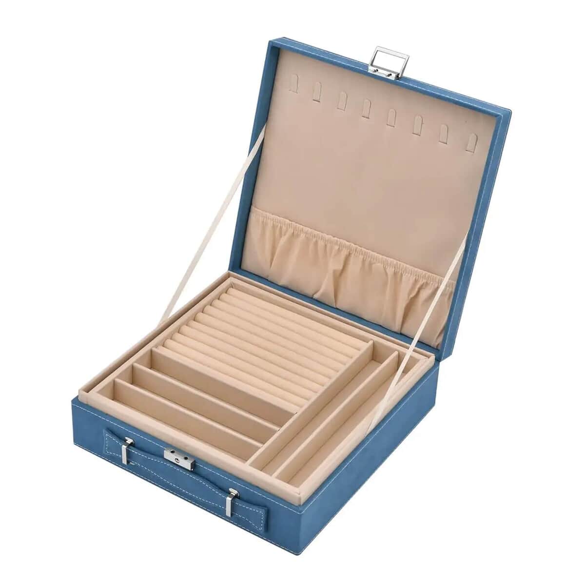 Classic Blue Faux Velvet Briefcase Style 2-Tier Jewelry Box with Anti-Tarnish and Scratch Protection Interior (Approx 60 Rings, etc) image number 6