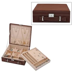Brown Faux Velvet Briefcase Style 2-tier Jewelry Box, Scratch resistant and Anti-Tarnish Jewelry Storage Box, Anti Tarnish Jewelry Case, Jewelry Organizer (Approx 60 Rings, etc.)