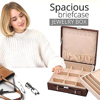 Livmore Brown Faux Velvet Briefcase Style 2-tier Jewelry Box, Scratch resistant and Anti-Tarnish Jewelry Storage Box, Anti Tarnish Jewelry Case, Jewelry Organizer (Approx 60 Rings, etc.)