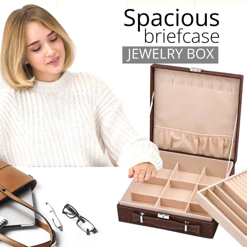 Livmore Brown Faux Velvet Briefcase Style 2-tier Jewelry Box, Scratch resistant and Anti-Tarnish Jewelry Storage Box, Anti Tarnish Jewelry Case, Jewelry Organizer (Approx 60 Rings, etc.)
