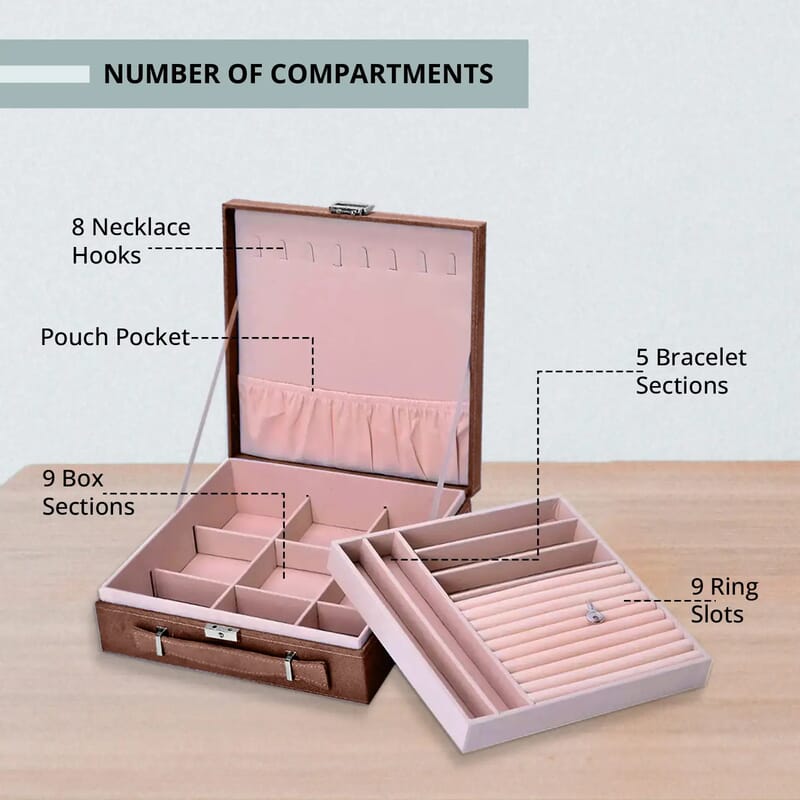 Livmore Brown Faux Velvet Briefcase Style 2-tier Jewelry Box, Scratch resistant and Anti-Tarnish Jewelry Storage Box, Anti Tarnish Jewelry Case, Jewelry Organizer (Approx 60 Rings, etc.)