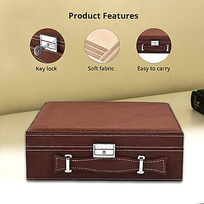 Livmore Brown Faux Velvet Briefcase Style 2-tier Jewelry Box, Scratch resistant and Anti-Tarnish Jewelry Storage Box, Anti Tarnish Jewelry Case, Jewelry Organizer (Approx 60 Rings, etc.)