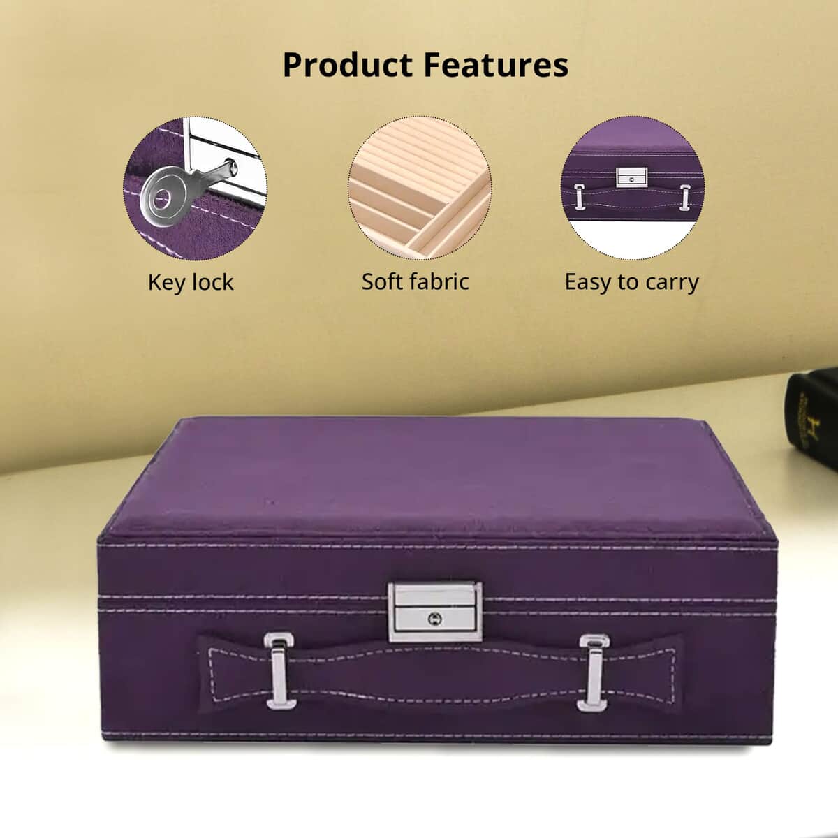 Purple Faux Velvet Briefcase Style 2-tier Jewelry Box, Scratch resistant and Anti-Tarnish Jewelry Storage Box, Anti Tarnish Jewelry Case, Jewelry Organizer (Approx 60 Rings, etc.) image number 3