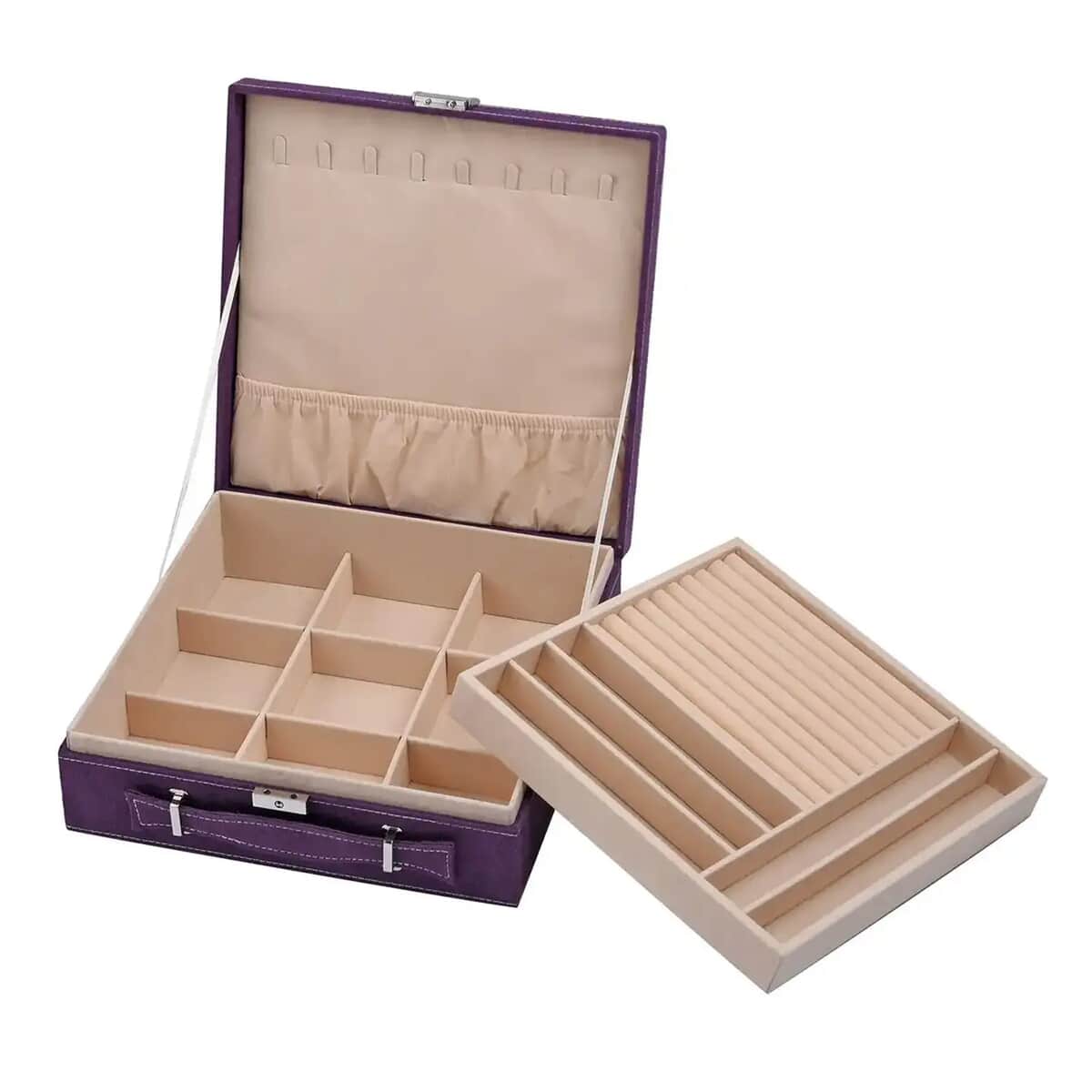 Purple Faux Velvet Briefcase Style 2-tier Jewelry Box, Scratch resistant and Anti-Tarnish Jewelry Storage Box, Anti Tarnish Jewelry Case, Jewelry Organizer (Approx 60 Rings, etc.) image number 6
