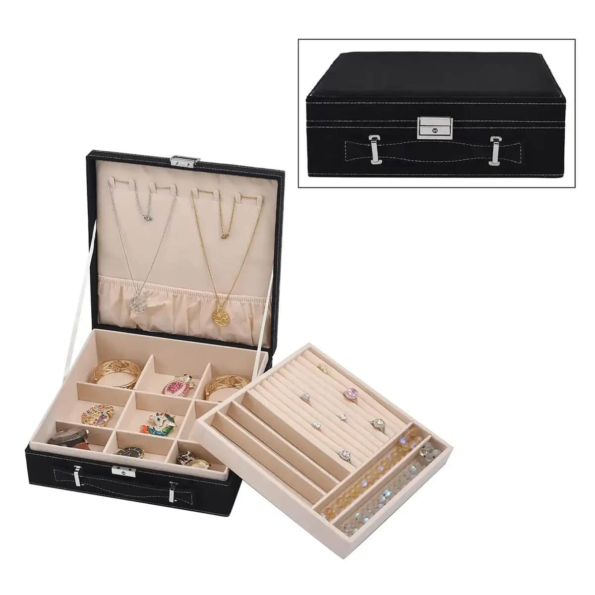 Black Faux Velvet Briefcase Style 2-tier Jewelry Box, Scratch resistant and Anti-Tarnish Jewelry Storage Box, Anti Tarnish Jewelry Case, Jewelry Organizer (Approx 60 Rings, etc.) image number 0