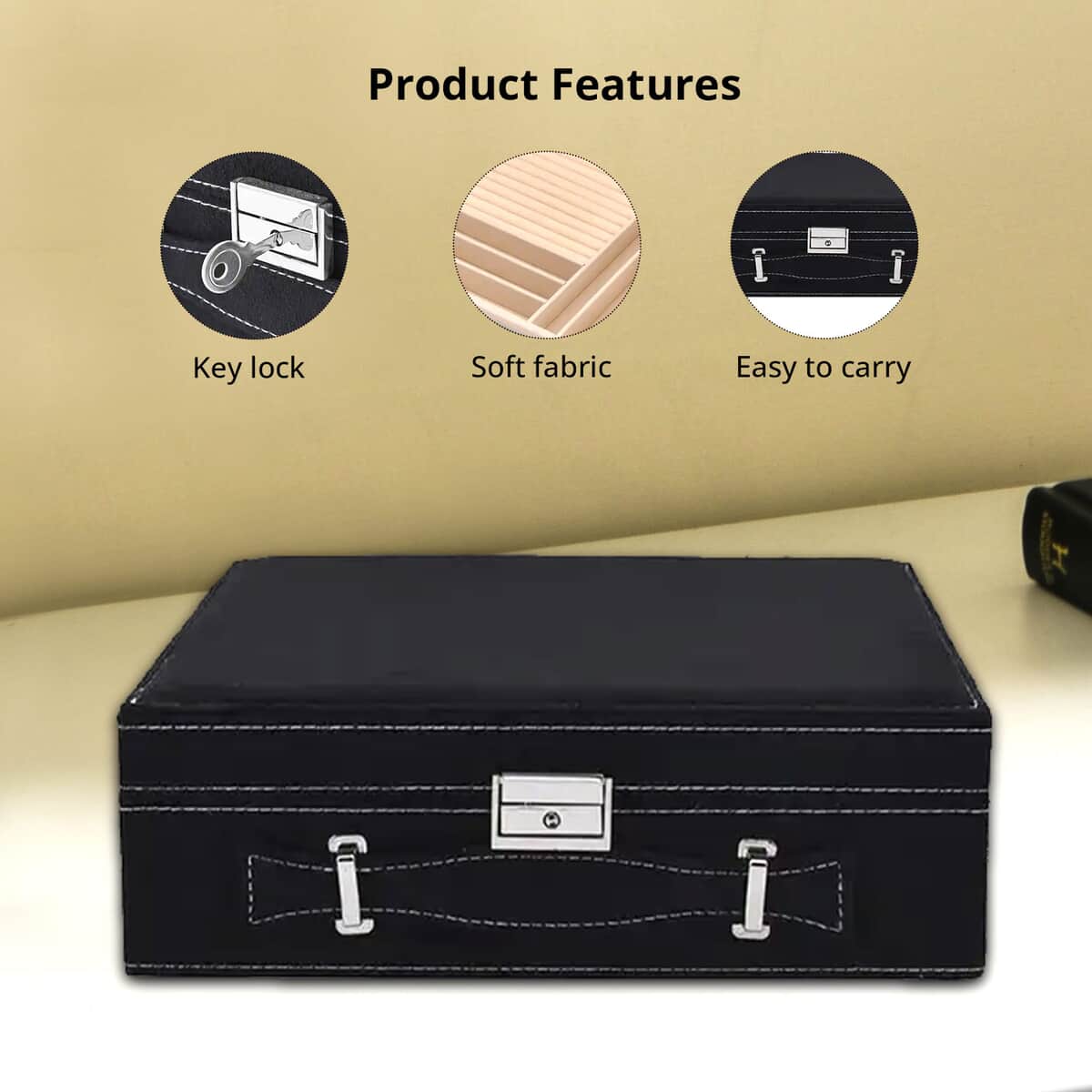 Black Faux Velvet Briefcase Style 2-tier Jewelry Box, Scratch resistant and Anti-Tarnish Jewelry Storage Box, Anti Tarnish Jewelry Case, Jewelry Organizer (Approx 60 Rings, etc.) image number 3