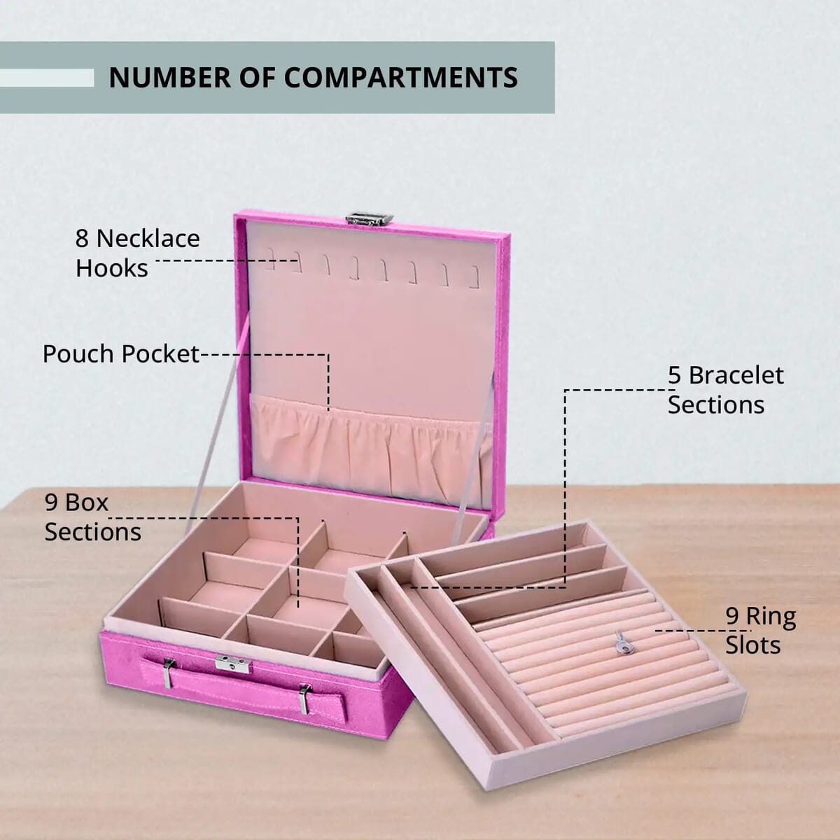 Fuchsia Faux Velvet Briefcase Style 2-tier Jewelry Box, Scratch resistant and Anti-Tarnish Jewelry Storage Box, Anti Tarnish Jewelry Case, Jewelry Organizer (Approx 60 Rings, etc.) image number 2