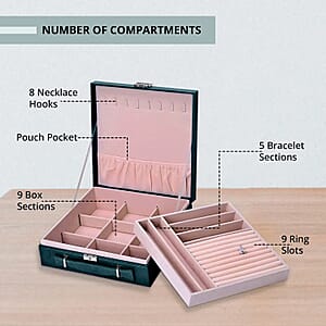 Forest Green Faux Velvet Briefcase Style 2-tier Jewelry Box, Scratch resistant and Anti-Tarnish Jewelry Storage Box, Anti Tarnish Jewelry Case, Jewelry Organizer (Approx 60 Rings, etc.)