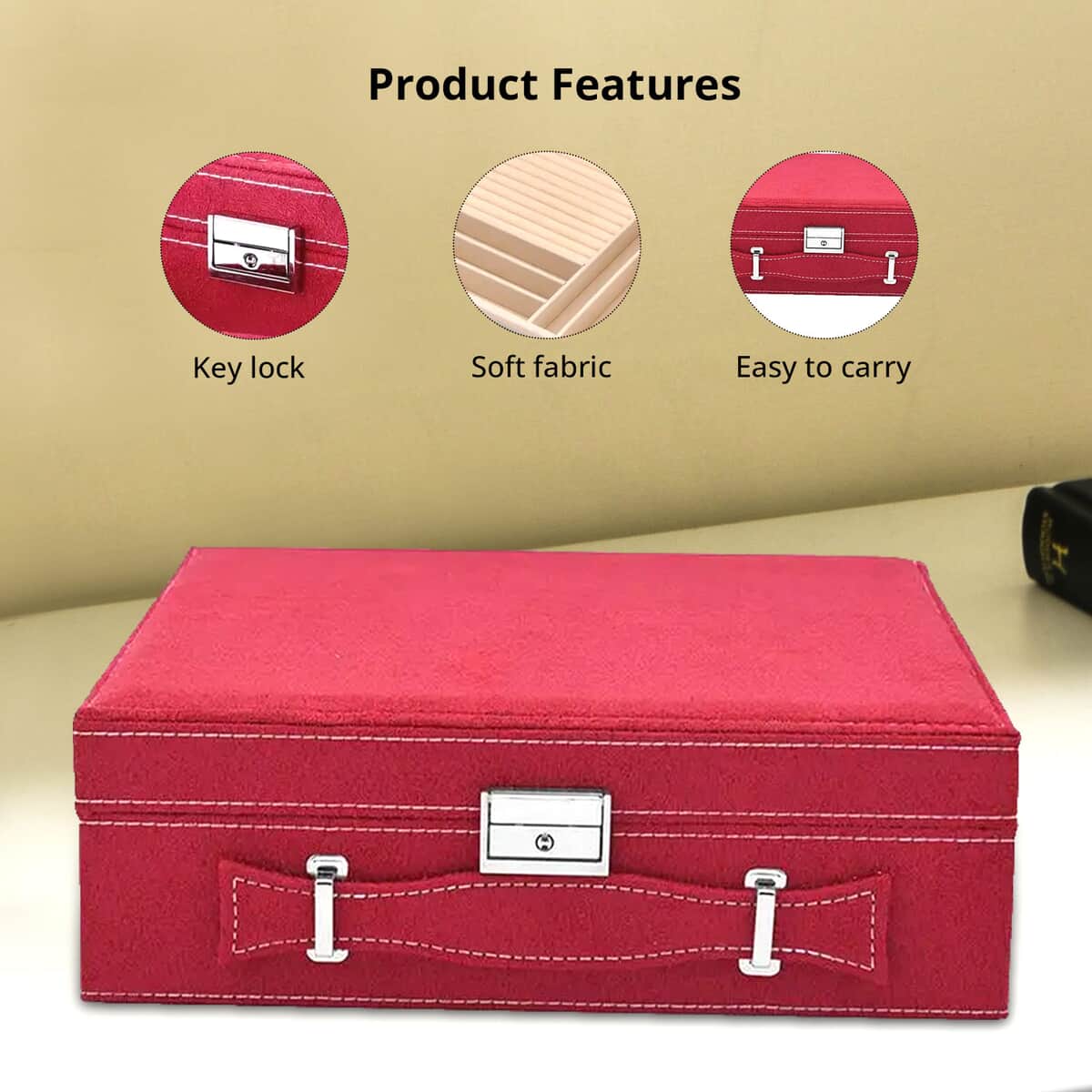 Burgundy Faux Velvet Briefcase Style 2-tier Jewelry Box, Scratch resistant and Anti-Tarnish Jewelry Storage Box, Anti Tarnish Jewelry Case, Jewelry Organizer (Approx 60 Rings, etc.) image number 3
