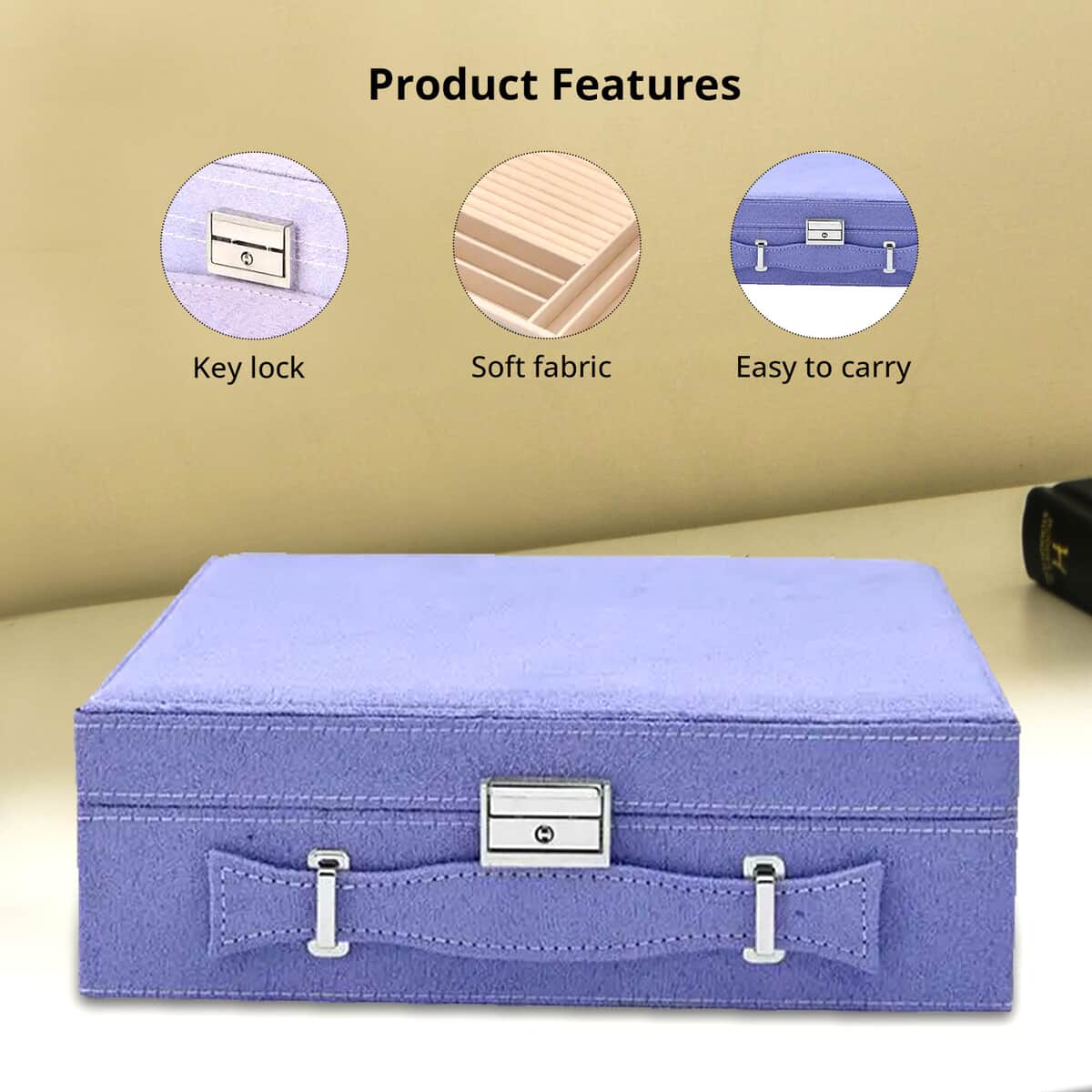 Lilac Faux Velvet Briefcase Style 2-tier Jewelry Box, Scratch resistant and Anti-Tarnish Jewelry Storage Box, Anti Tarnish Jewelry Case, Jewelry Organizer (Approx 60 Rings, etc.) image number 3