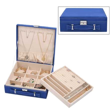 Royal Blue Faux Velvet Briefcase Style 2-tier Jewelry Box, Scratch resistant and Anti-Tarnish Jewelry Storage Box, Anti Tarnish Jewelry Case, Jewelry Organizer (Approx 60 Rings, etc.) image number 0
