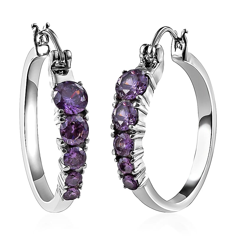 Simulated Amethyst Diamond Hoop Earrings in Stainless Steel