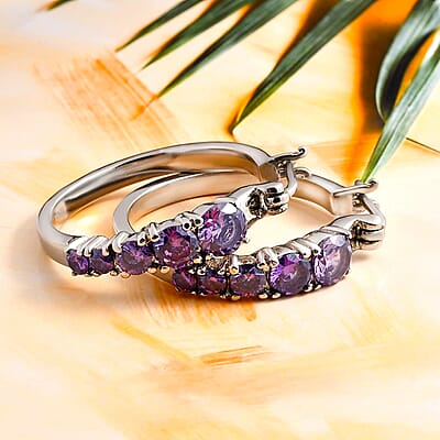 Simulated Amethyst Diamond Hoop Earrings in Stainless Steel