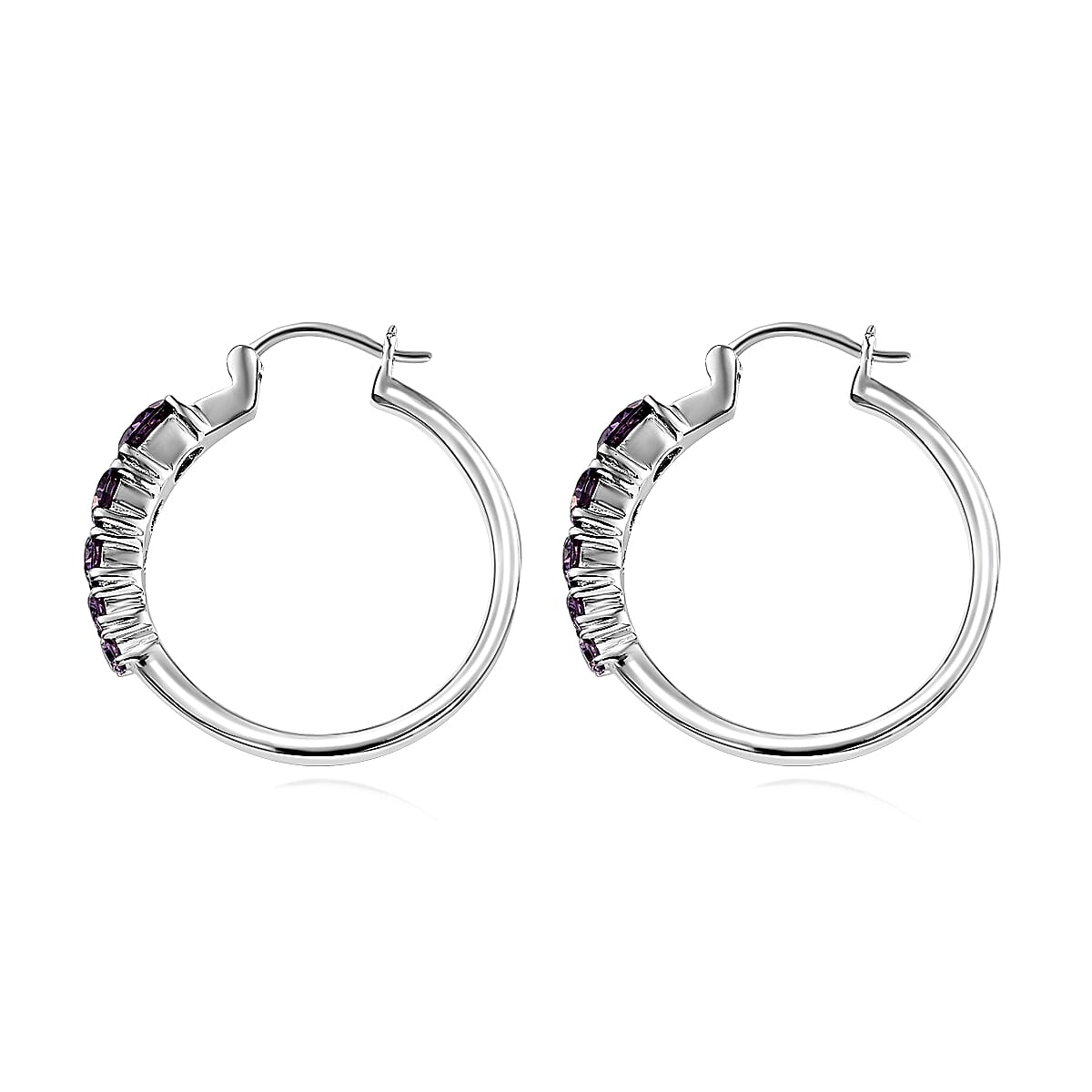 Simulated Amethyst Diamond Hoop Earrings in Stainless Steel