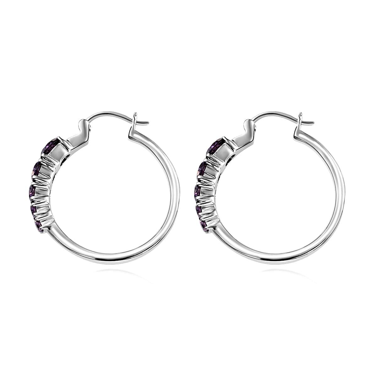 Simulated Amethyst Diamond Hoop Earrings in Stainless Steel image number 5
