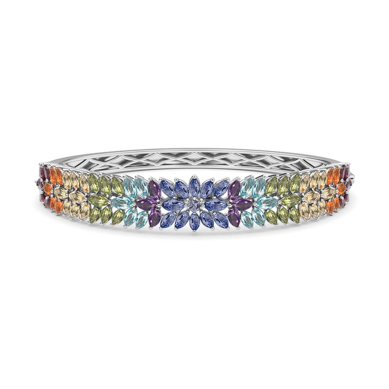 D'Joy Multi Gemstone Bangle in Platinum Over Sterling Silver, Bangle Bracelet for Women, Silver Bangle for Her (7.25 in) 10.50 ctw.