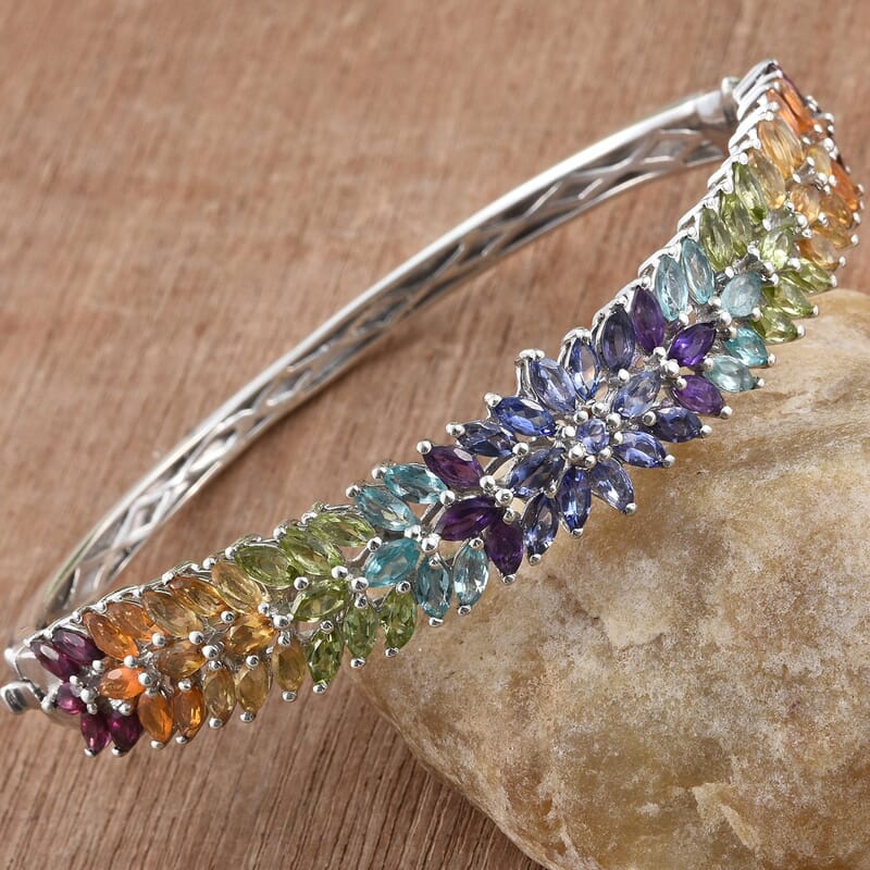 D'Joy Multi Gemstone Bangle in Platinum Over Sterling Silver, Bangle Bracelet for Women, Silver Bangle for Her (7.25 in) 10.50 ctw.